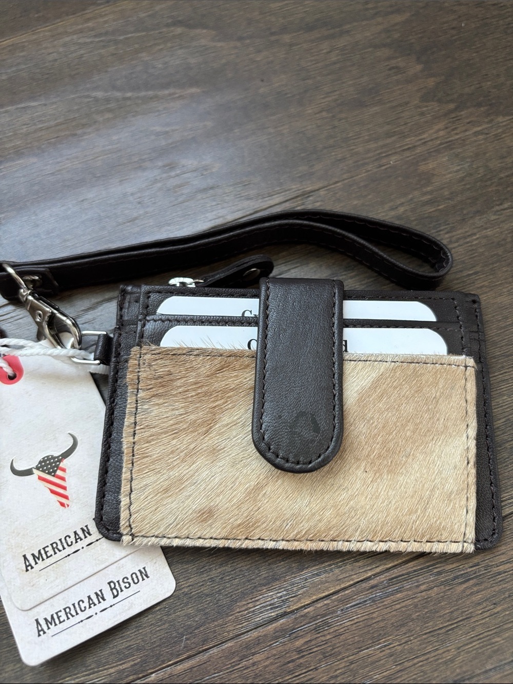 American Bison Hair on Hide,Genuine Leather,4 card,1 ID,zip coin,snap top wrist